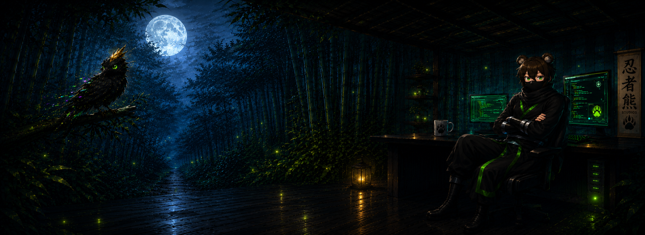 NinjaBear sitting at his cyber-dojo desk while Glint watches from a moonlit bamboo forest.